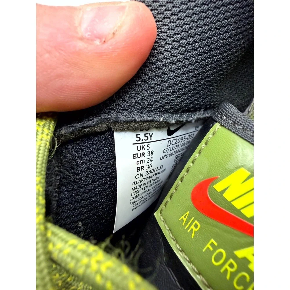 Nike Air Force 1 Low GS DC2095-001 Kid 5.5 Sneaker Black Asparagus Leather Shoes